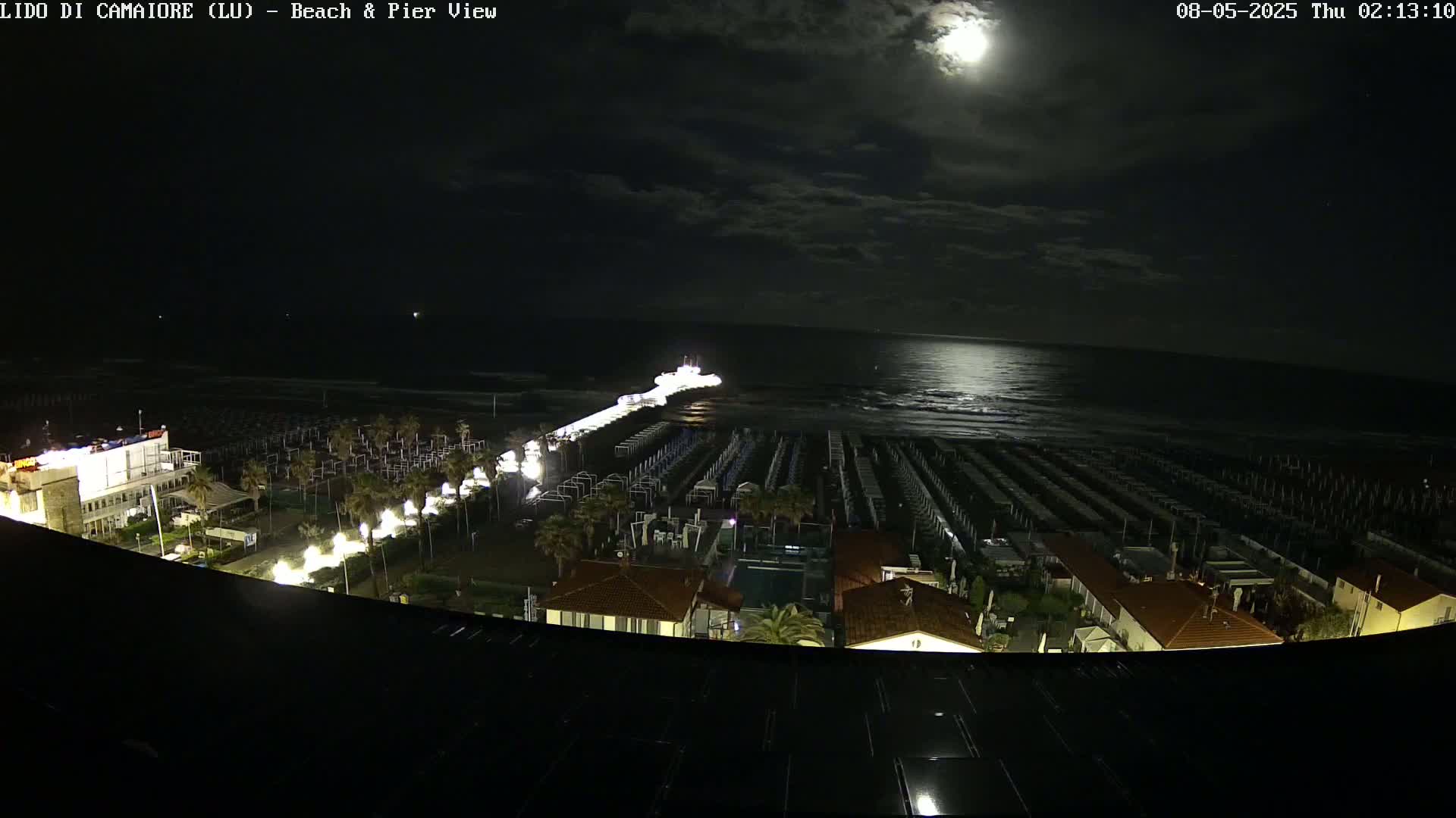 A nighttime, moonlit view of a beach with rows of beach umbrellas, a pier extending into a gently waving sea, and buildings illuminated along the shore.