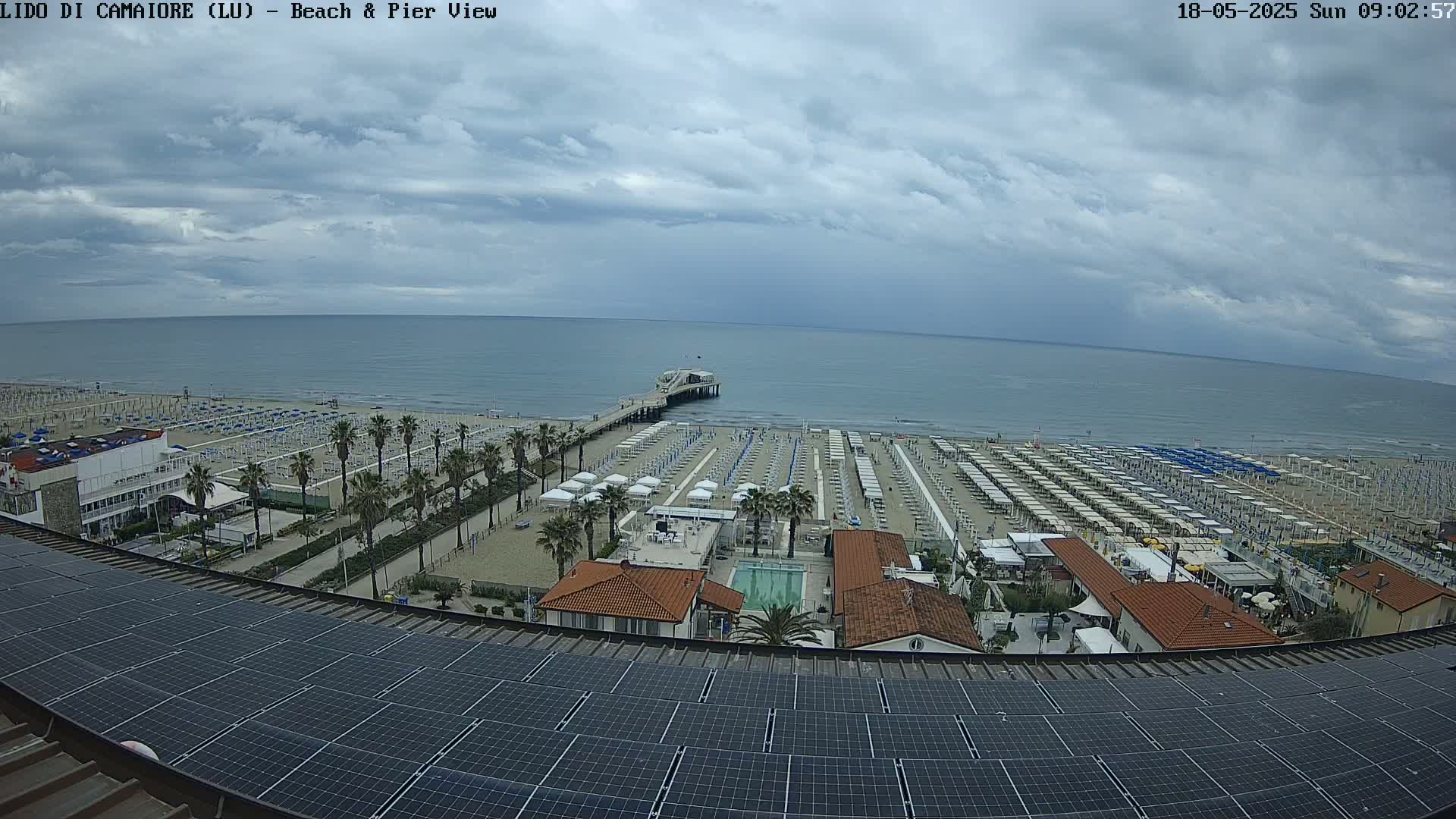 A beach with rows of umbrellas and a pier is visible from above under a cloudy sky.