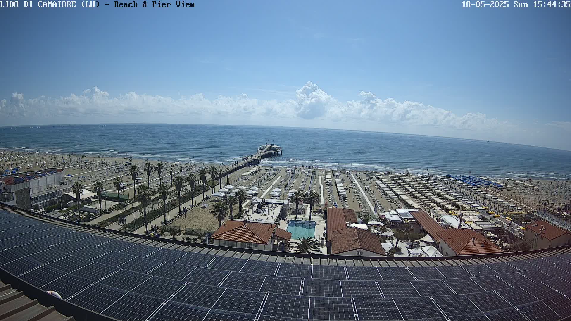 A mostly sunny day shows a beach with many umbrellas and lounge chairs, a pier extending into the ocean, and solar panels on a building’s roof.