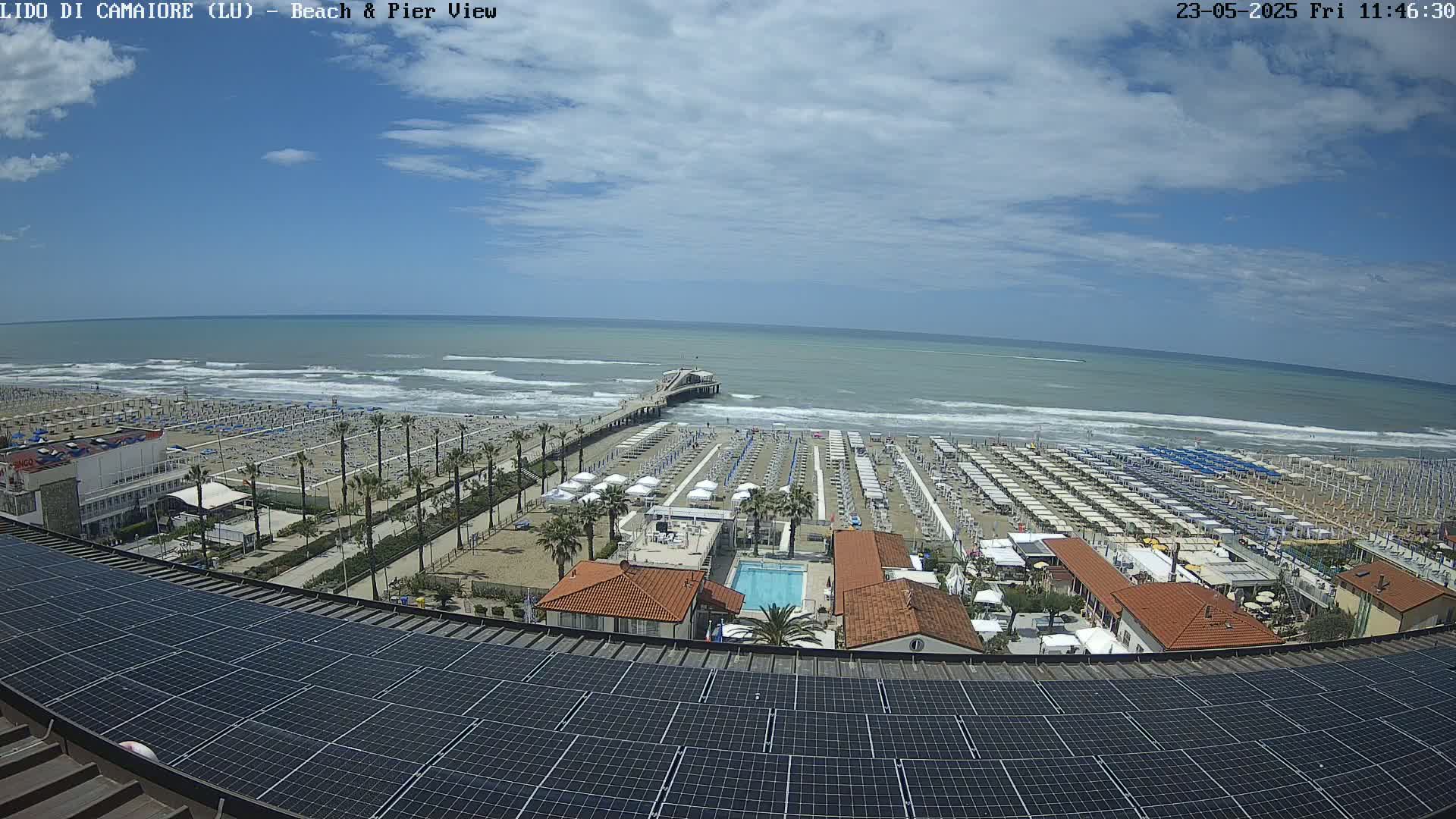 A mostly sunny day at a beach with a pier, numerous beach umbrellas, and a swimming pool, viewed from above a building equipped with solar panels.