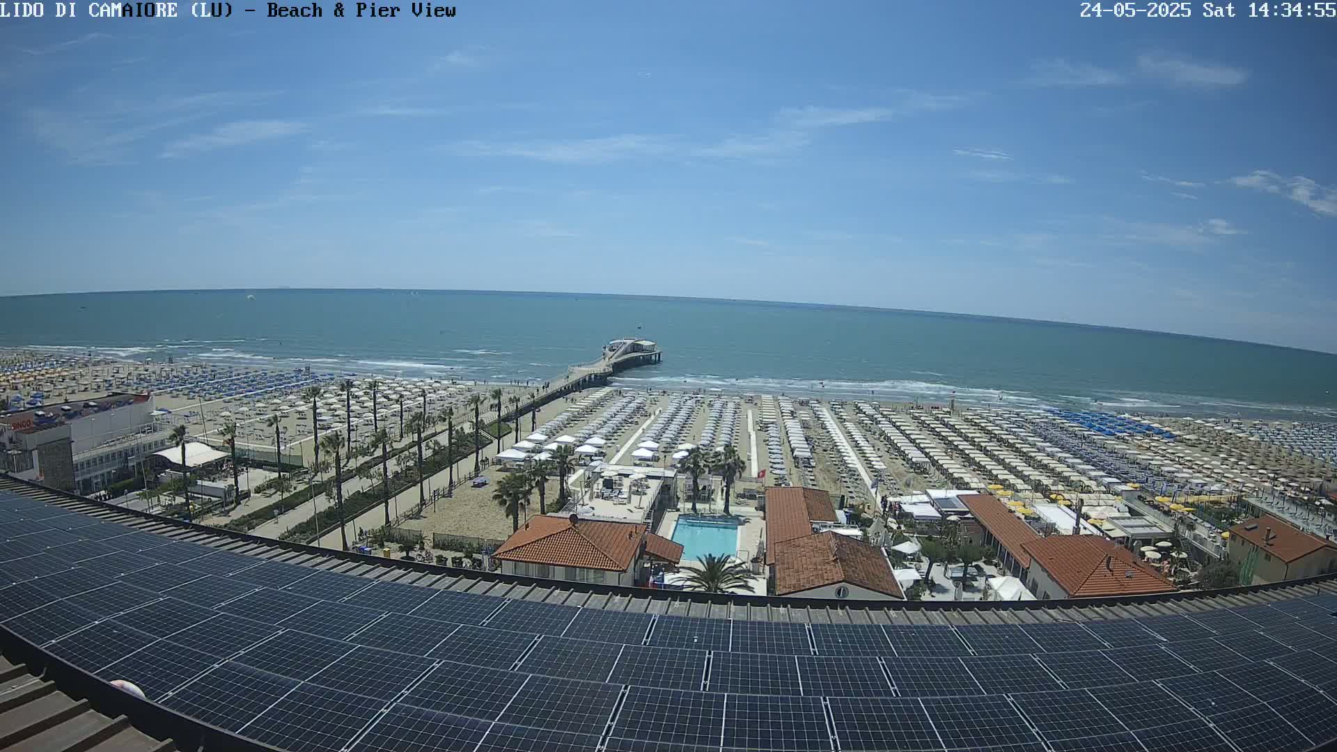A sunny day at a beach with numerous umbrellas and beach chairs, a pier extending into a calm sea, and solar panels on a rooftop overlooking the scene.