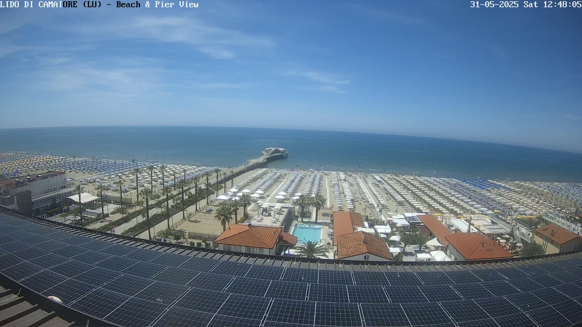 A sunny day overlooks a beach with numerous umbrellas, a pier extending into a calm ocean, and a rooftop solar panel array in the foreground.
