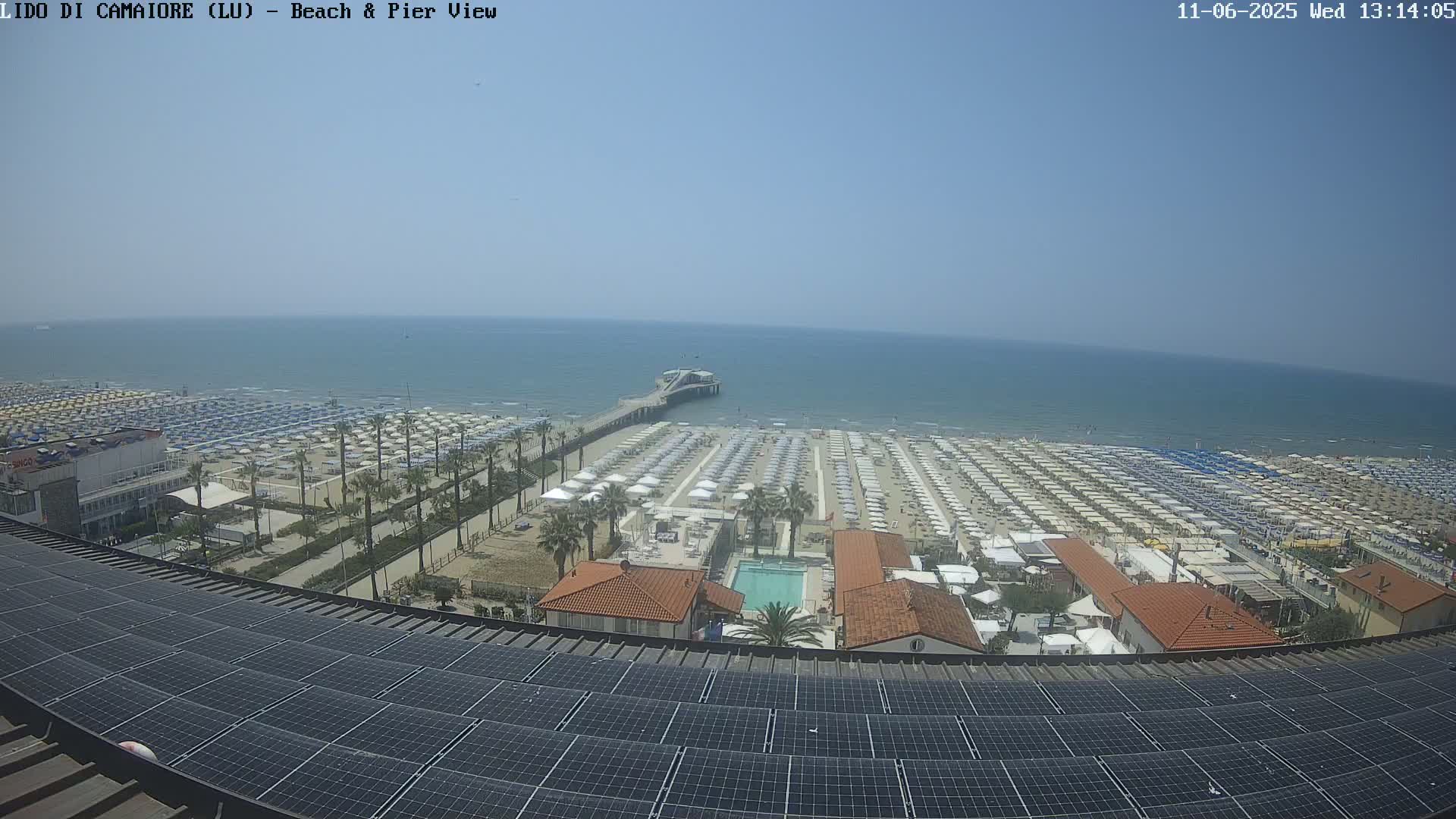 A sunny day overlooking a beach with numerous umbrellas and a pier, all viewed from above a solar panel array.