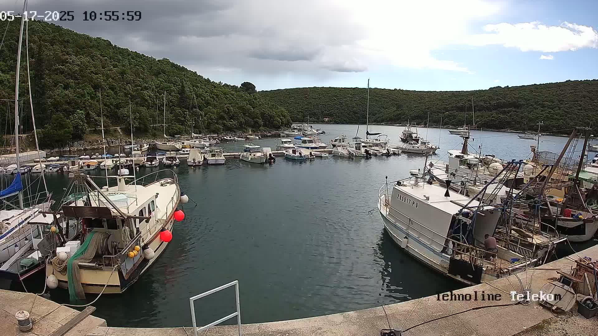 A harbor filled with numerous boats of varying sizes is nestled within a cove surrounded by lush green hills under a partly cloudy sky.