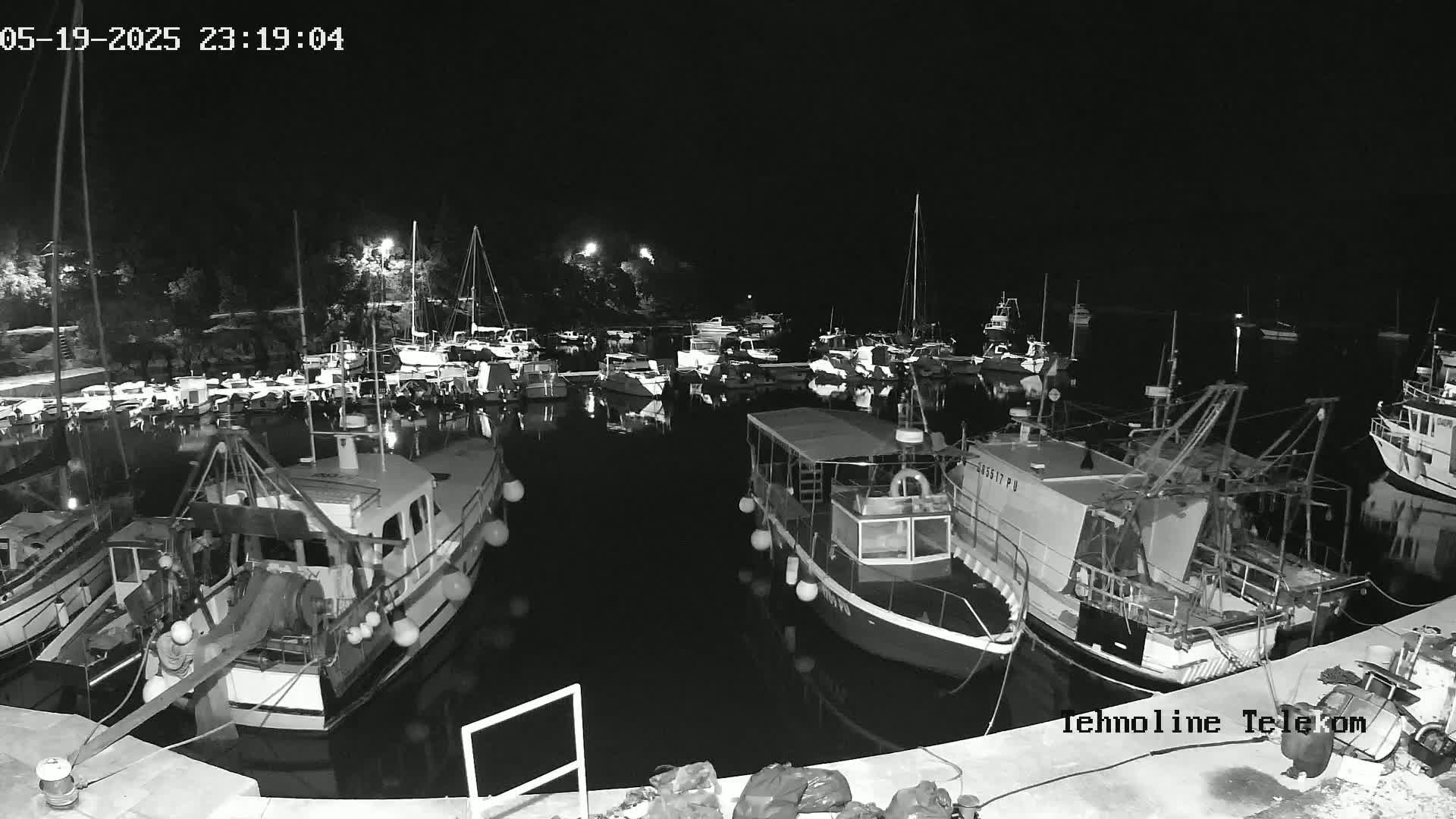 A nighttime, black and white view of a harbor filled with numerous boats and yachts, some docked and some anchored, under a clear, dark sky.