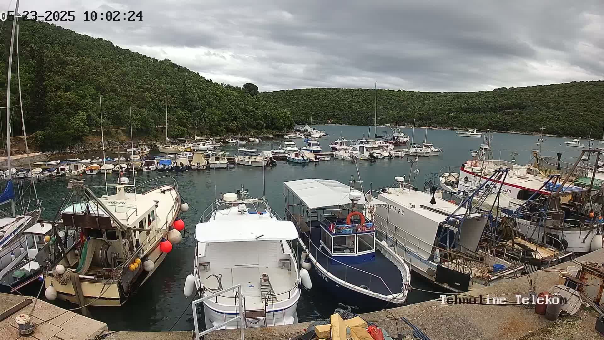 Many boats are docked in a calm bay under a cloudy sky, surrounded by lush green hills.