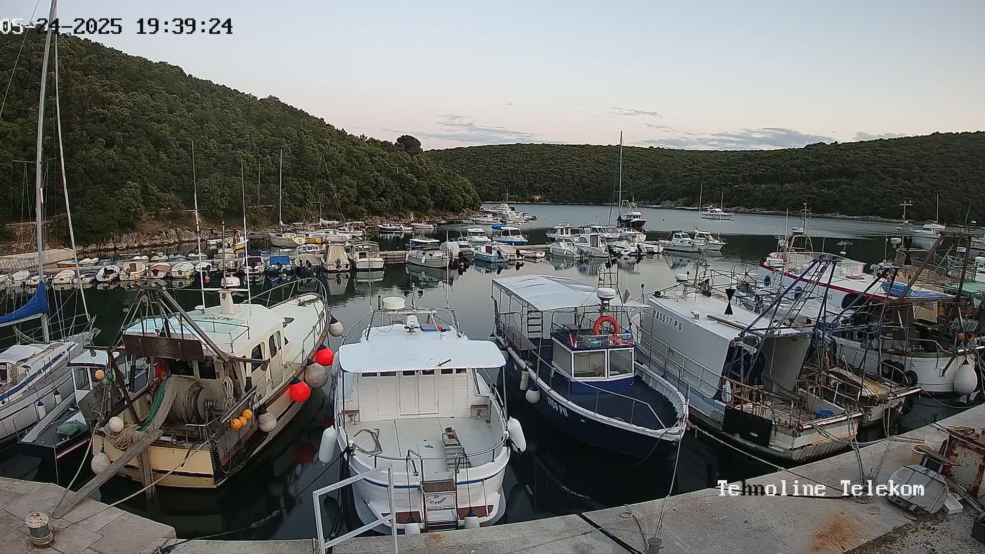 A calm harbor at dusk, filled with numerous boats and yachts, is nestled against a backdrop of lush green hills.