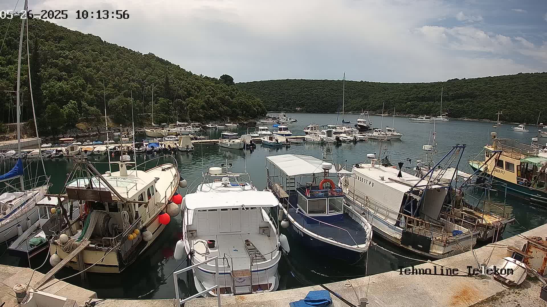 Numerous boats are moored in a calm harbor, nestled within a cove surrounded by lush green hills under a partly cloudy sky.