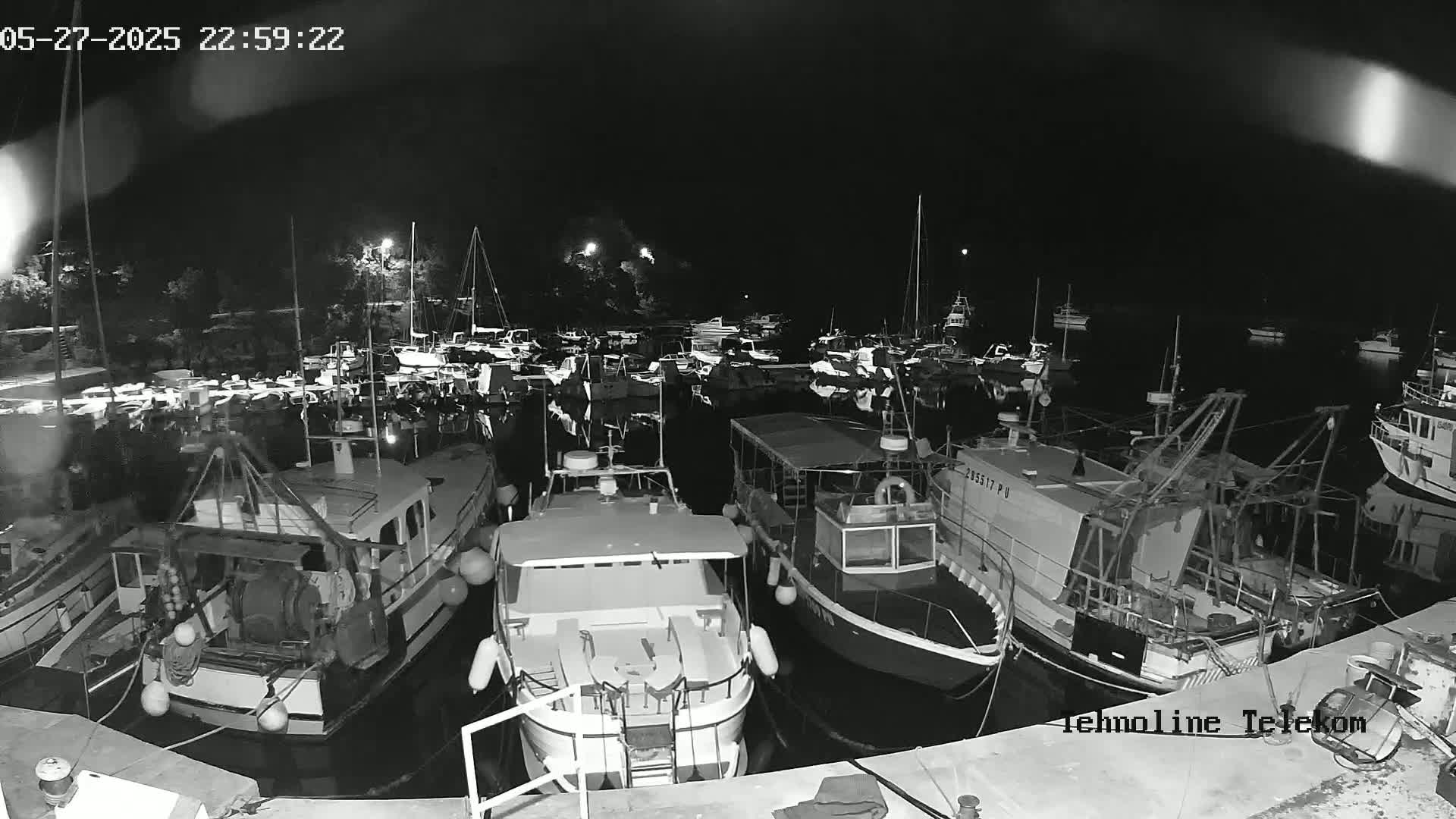 Many boats are docked at a marina at night under a dark sky.