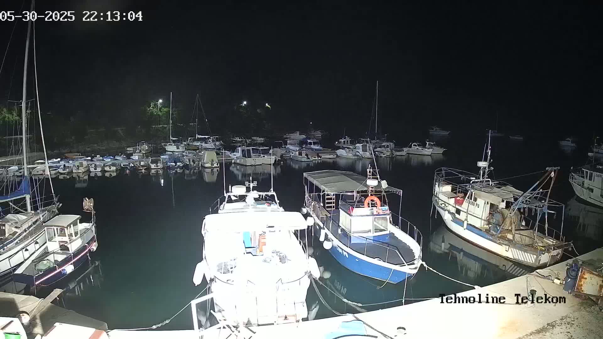 A nighttime harbor scene shows numerous boats moored in calm, dark water under artificial light.