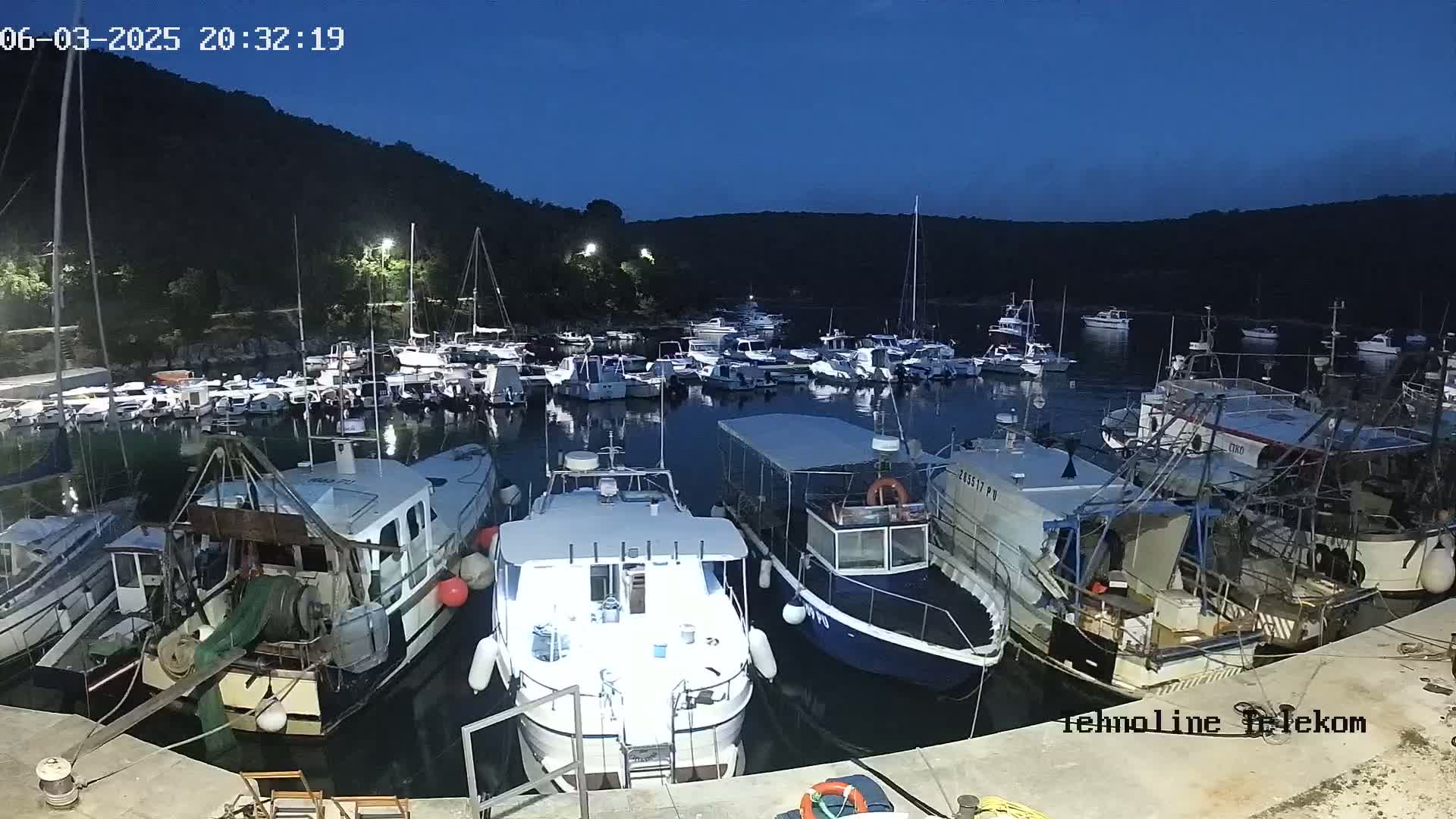 Many boats are moored in a harbor at night under a clear, dark blue sky.