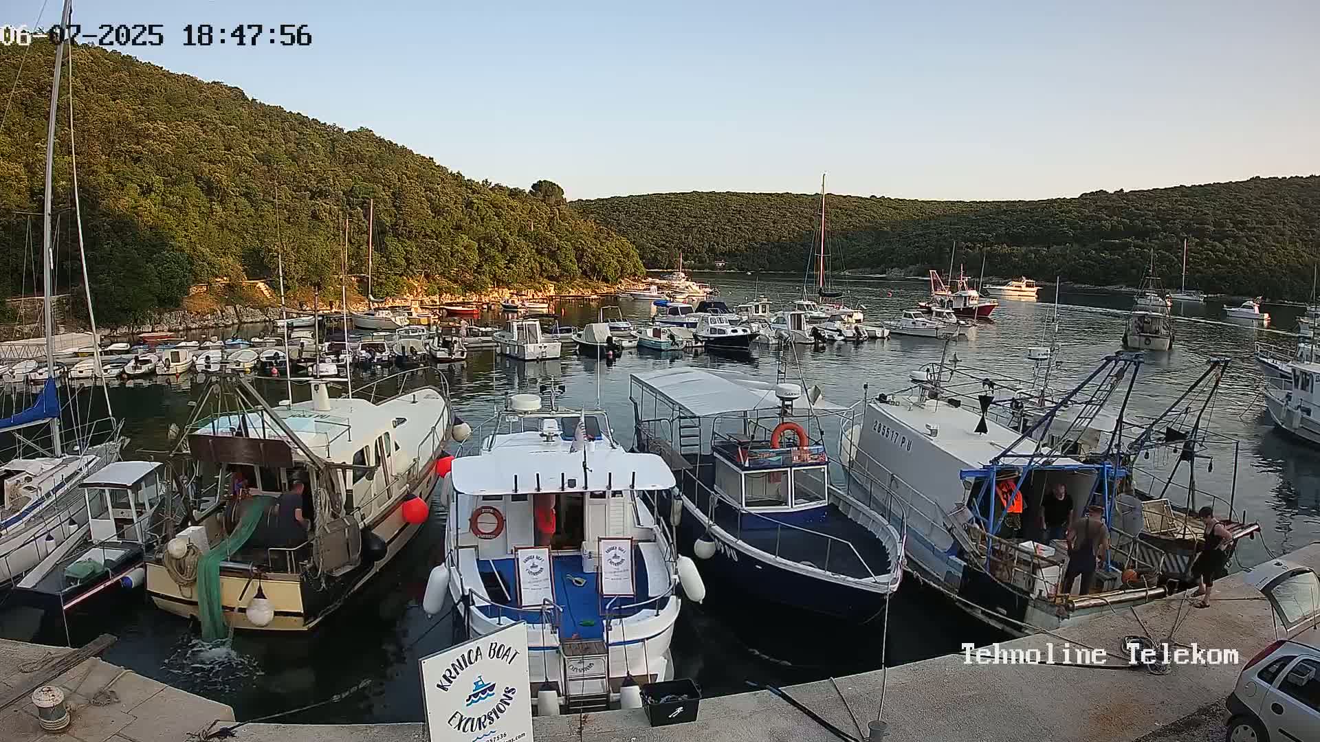 Many boats are docked in a calm harbor, surrounded by lush green hills under a clear evening sky.