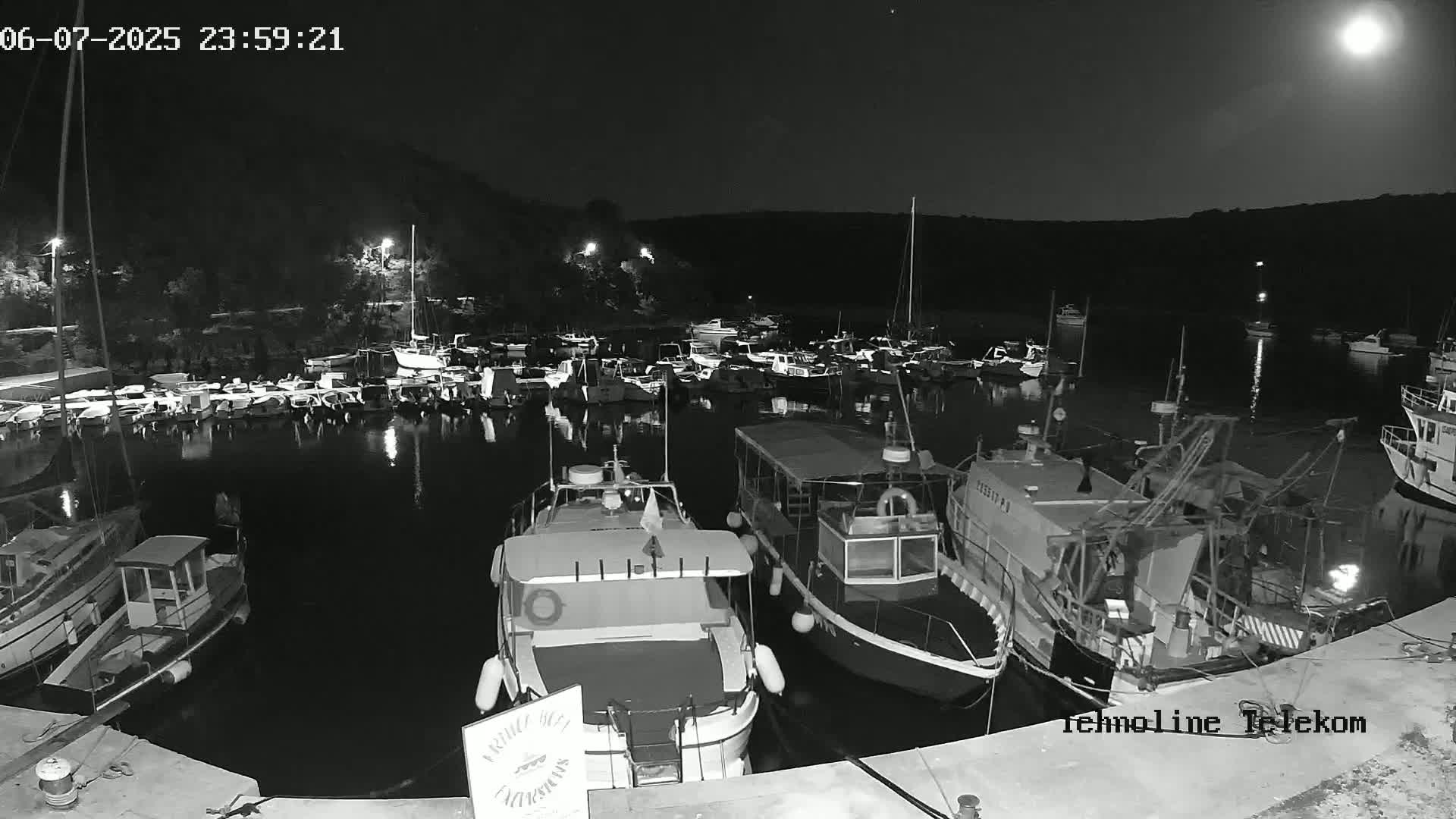 Numerous boats are moored in a harbor at night under a bright moon.