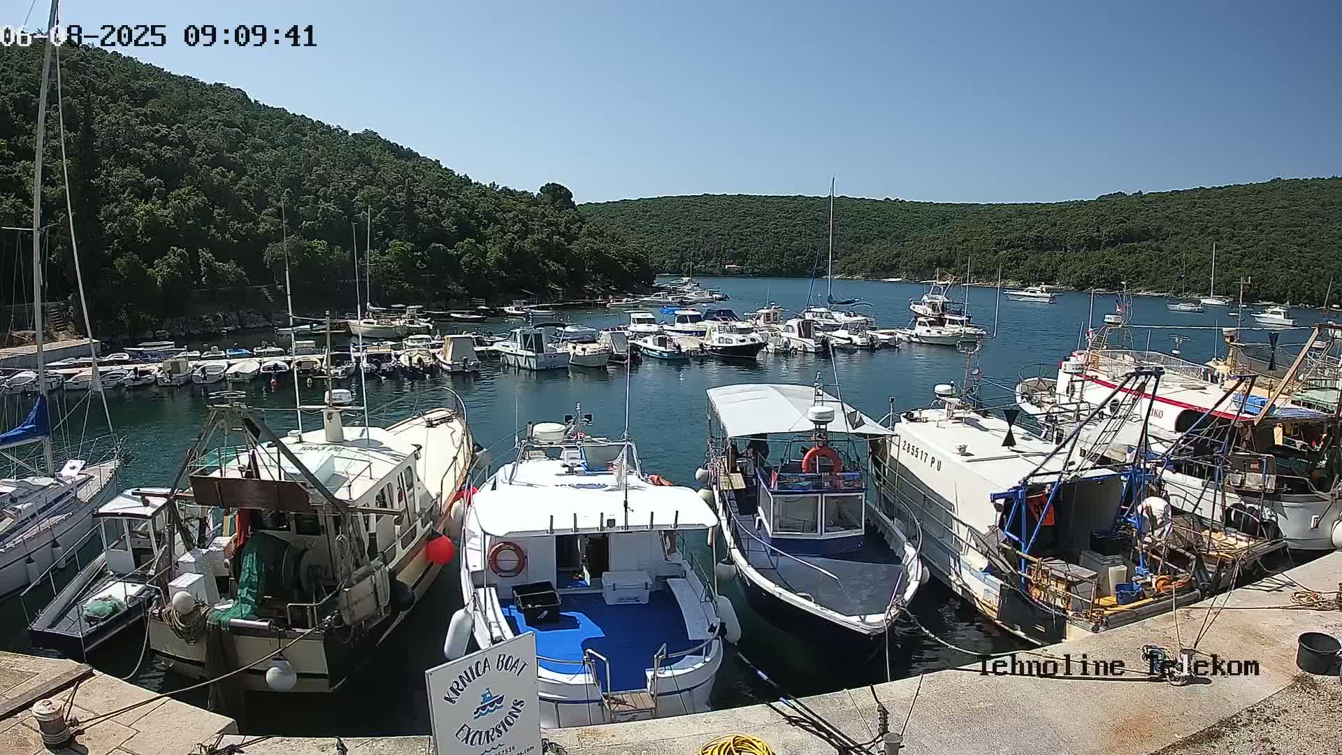 Many boats are docked in a calm harbor on a sunny day, surrounded by lush green hills.