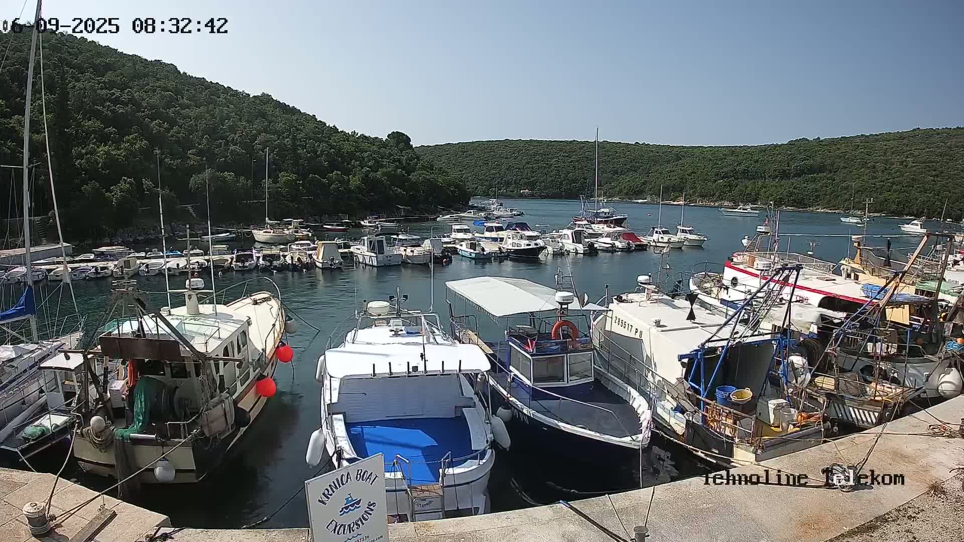 A harbor filled with numerous boats of various sizes is nestled within a cove surrounded by lush green hills under a clear, sunny sky.