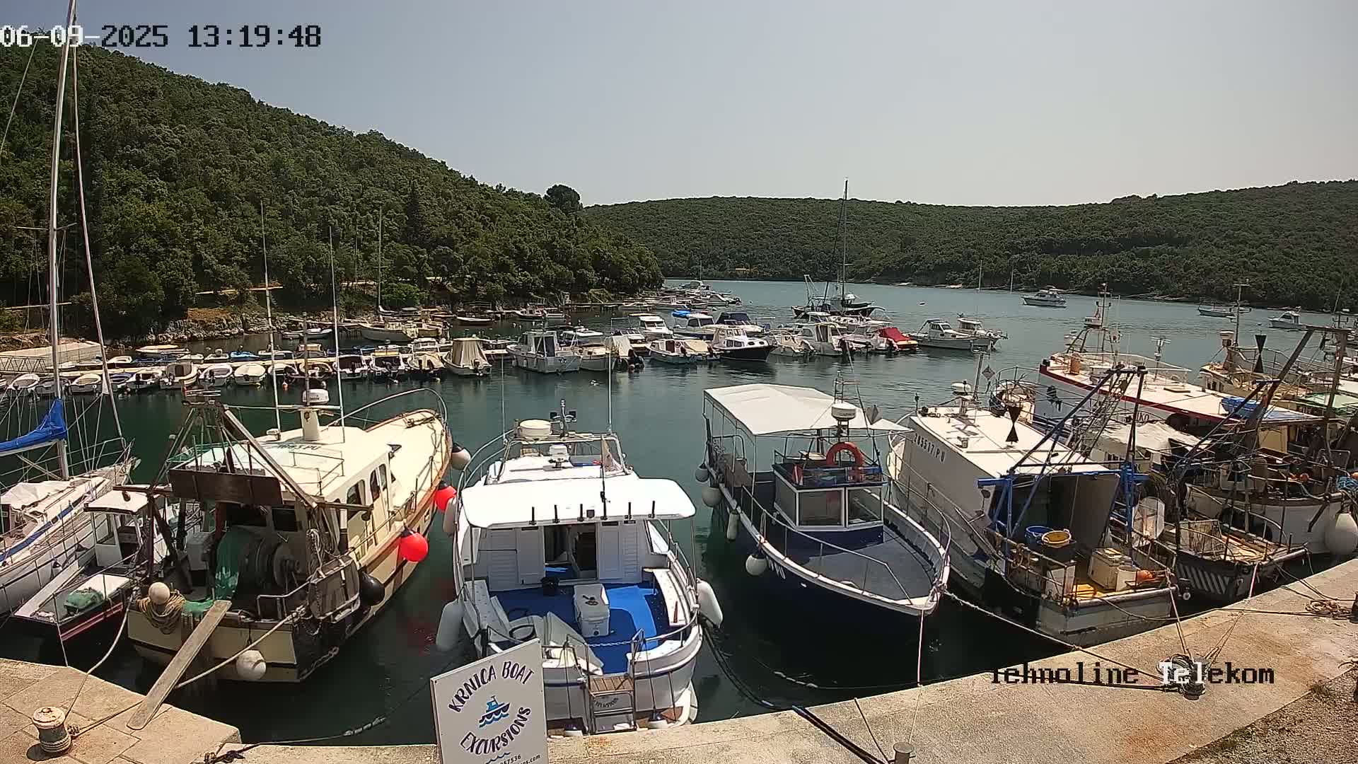 A sunny day at a harbor filled with numerous boats of varying sizes, nestled against a verdant hillside.