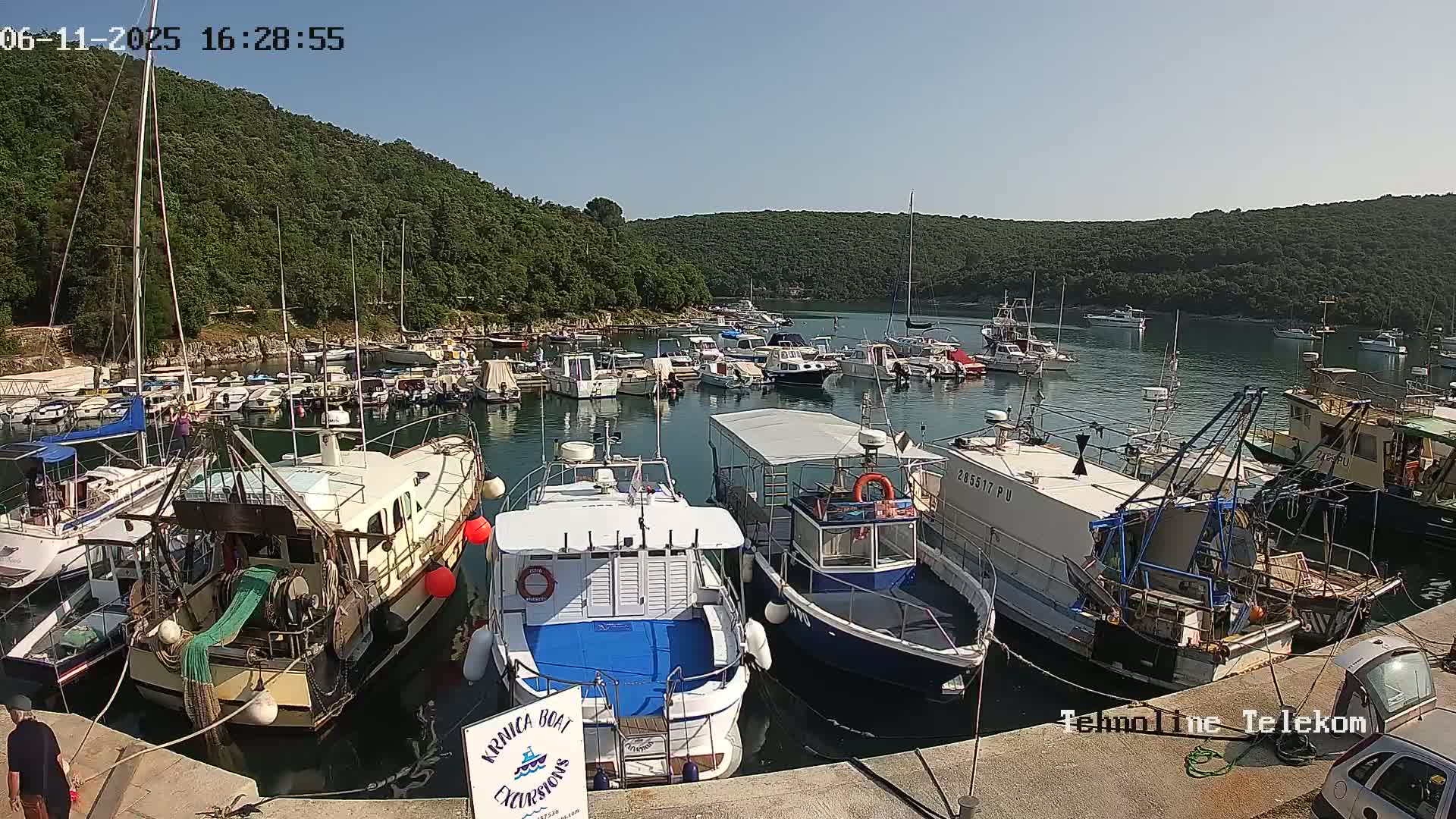 A sunny day at a harbor filled with numerous boats of varying sizes, nestled against a backdrop of lush green hills.