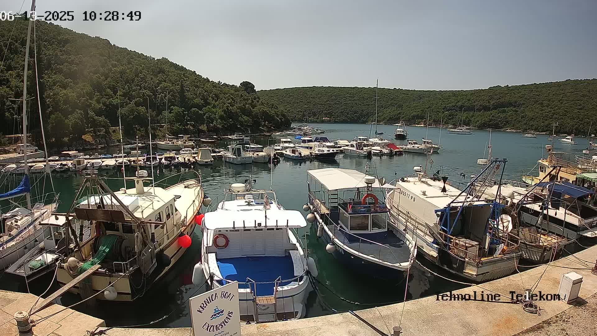 Numerous boats are docked in a calm harbor surrounded by lush green hills under a bright, sunny sky.