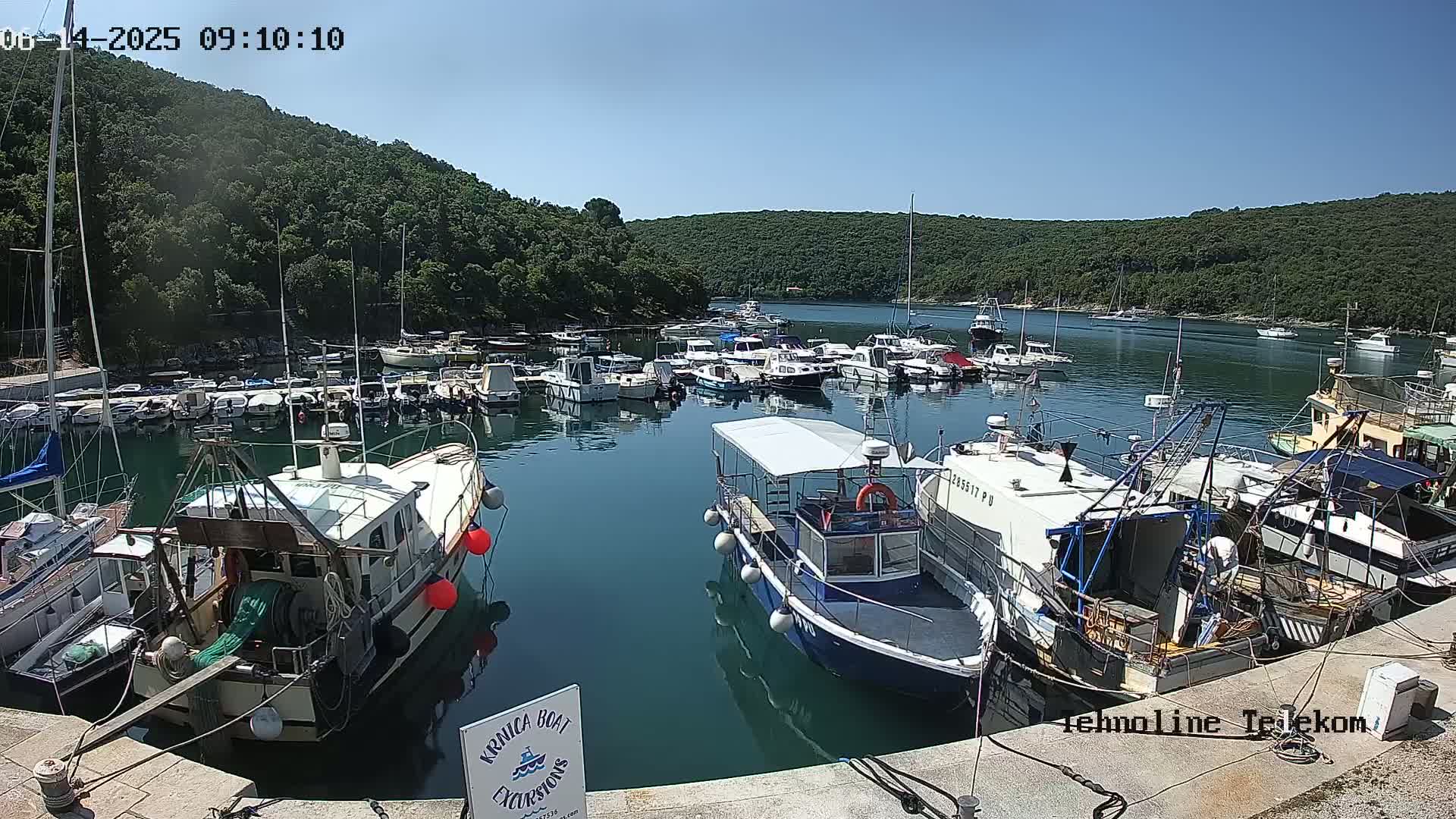 A calm, sunny day at a marina filled with numerous boats of varying sizes, nestled within a bay surrounded by lush green hills.