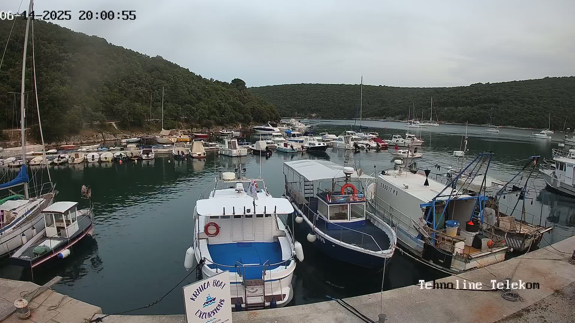 A sunny day shows a calm harbor filled with numerous boats and yachts, surrounded by lush green hills.
