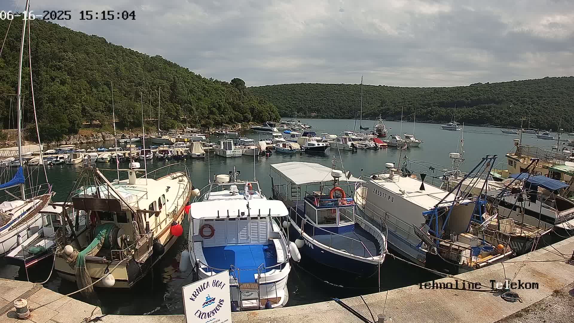 Many boats are docked in a calm harbor, surrounded by lush green hills under a partly cloudy sky.
