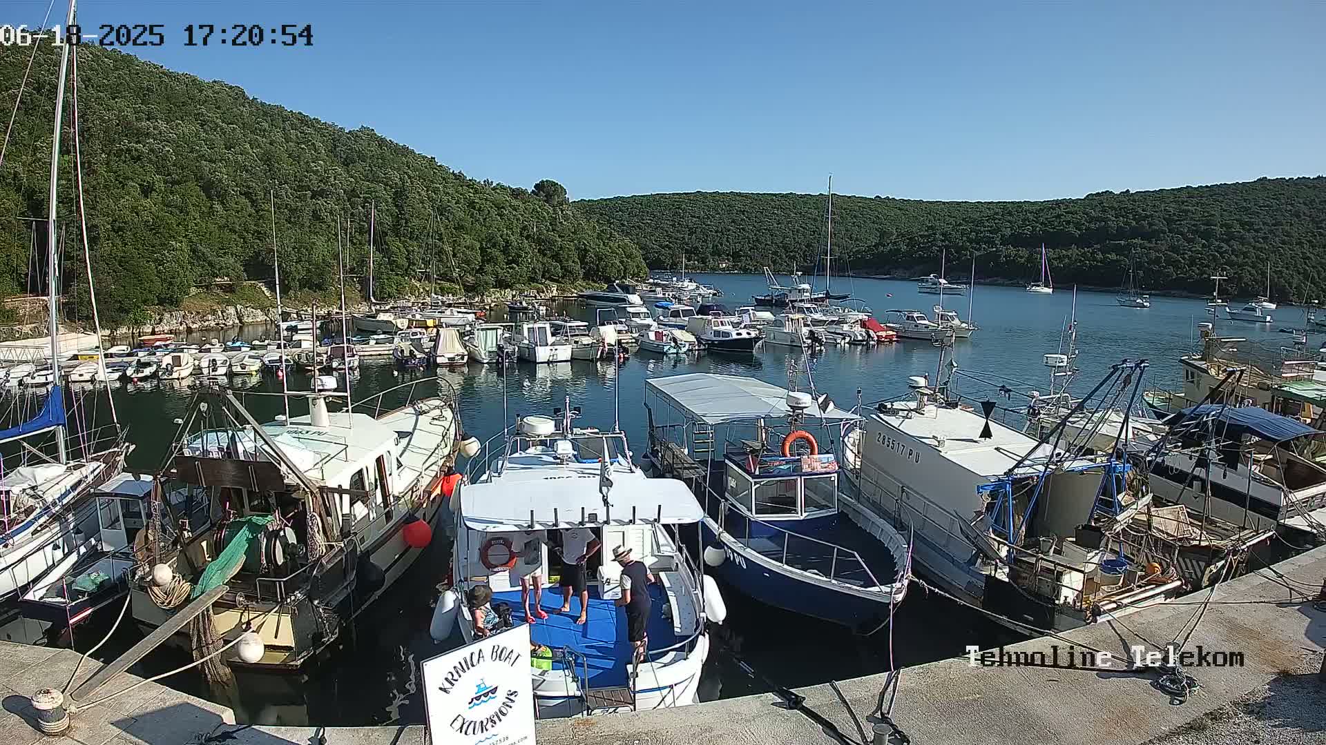 A harbor filled with numerous boats and yachts is nestled in a calm bay, surrounded by lush green hills under a clear, sunny sky.