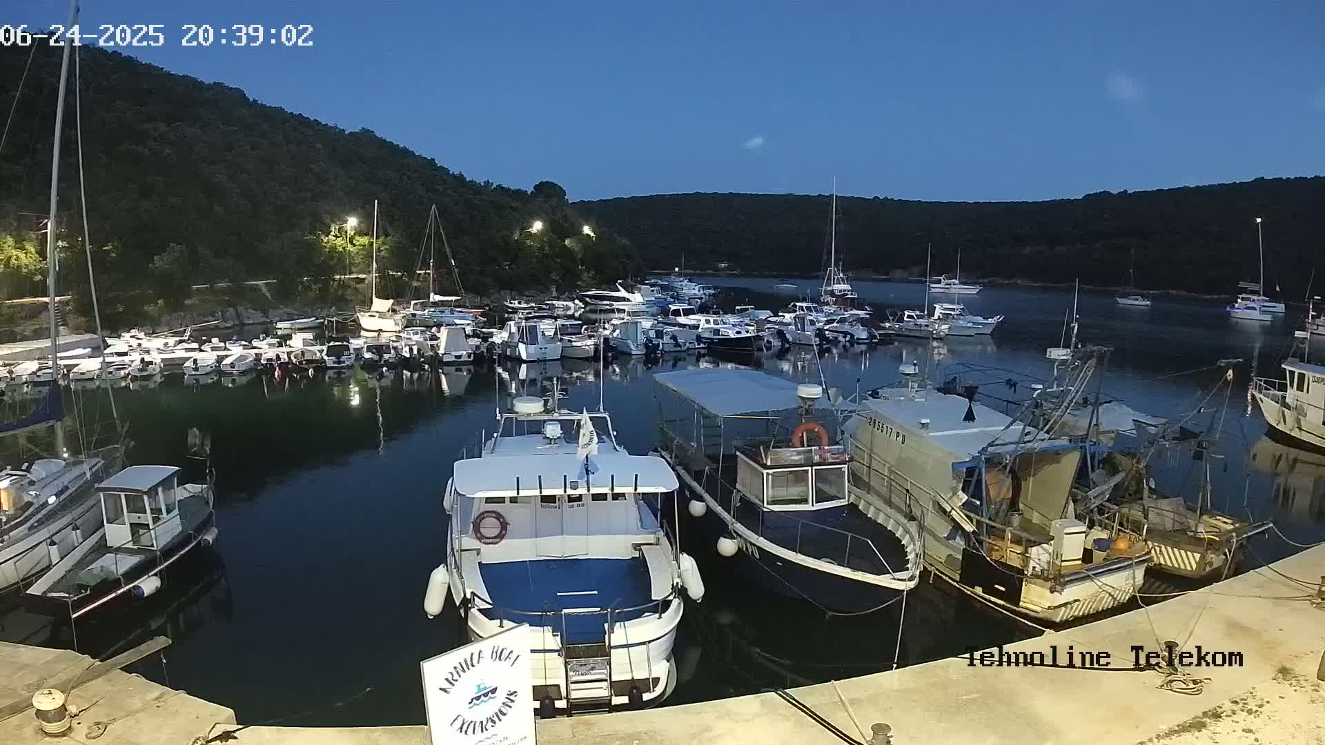 A calm harbor at twilight is filled with numerous boats and yachts, nestled against a dark green hillside.