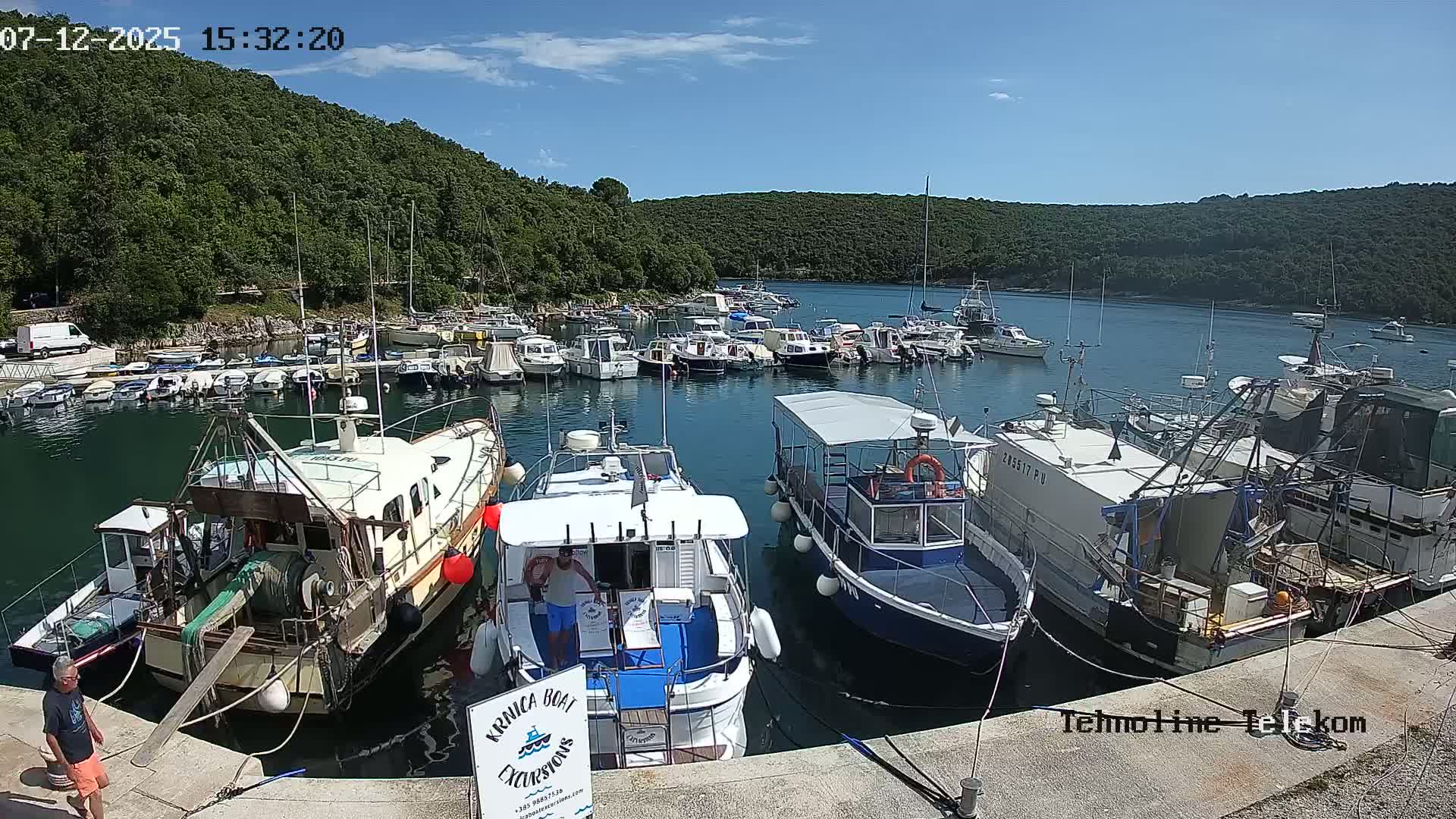 A calm, sunny day reveals a harbor filled with numerous boats of varying sizes, nestled within a cove surrounded by lush green hills.