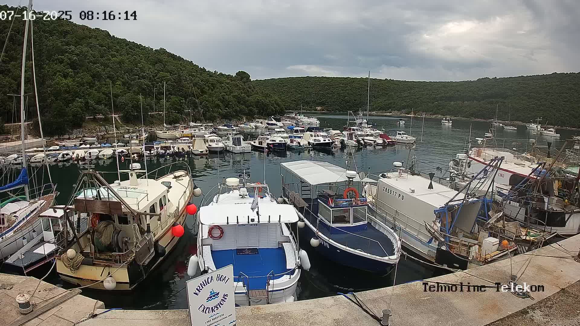 Many boats are moored in a calm harbor, surrounded by lush green hills under a partly cloudy sky.