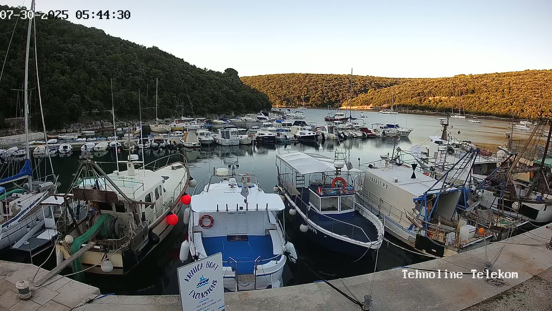 A harbor filled with numerous boats and yachts on a sunny day, nestled in a cove surrounded by lush green hills.