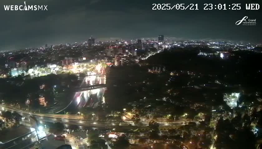 A nighttime aerial view shows a city illuminated with traffic flowing on roads below, surrounded by dark green trees under a partly cloudy sky.