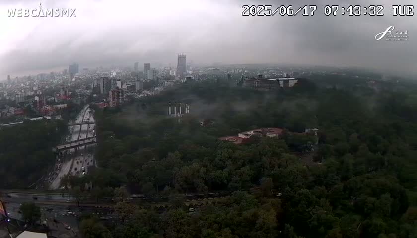 A hazy, overcast day reveals a city landscape with a large park and highway visible below, partially obscured by fog.