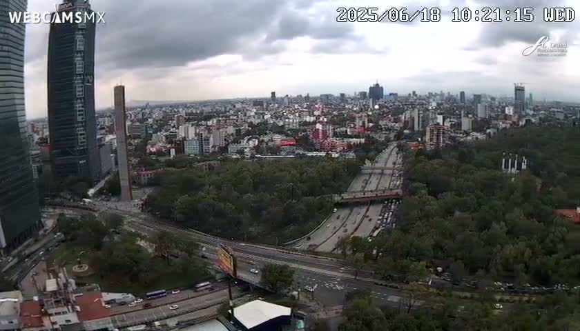 An aerial view of a city on an overcast day shows a highway curving through a large park, with skyscrapers visible in the background.