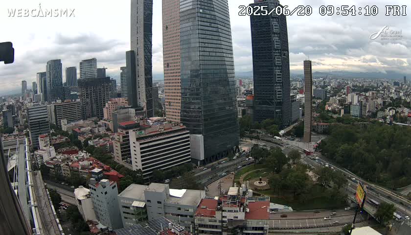 An aerial view of a city with numerous skyscrapers under a cloudy sky, showing streets and surrounding greenery.