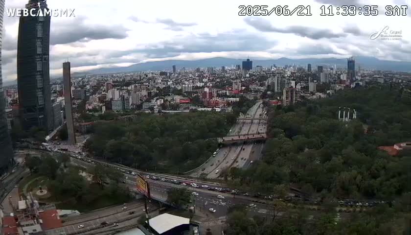 An elevated view of a city under a cloudy sky shows a large park, a multi-lane highway, and numerous high-rise buildings.