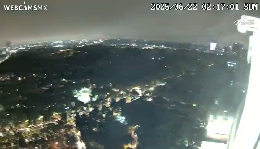 A nighttime, hazy view shows a sprawling city illuminated with scattered lights below.