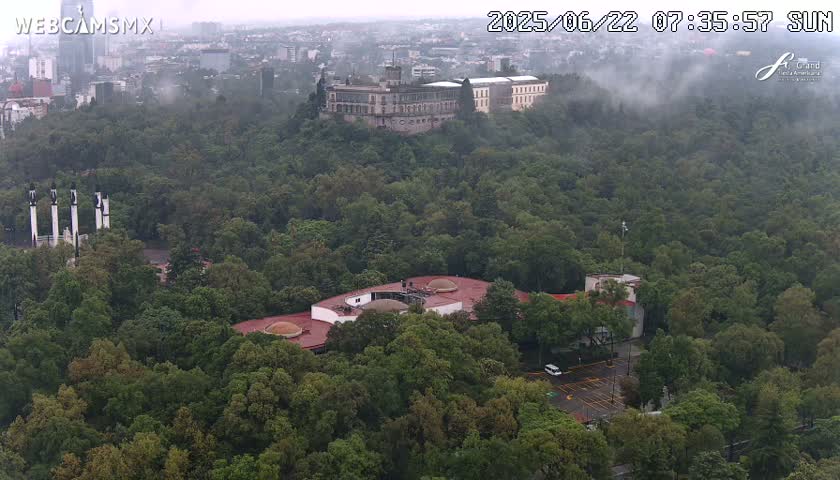 An aerial view shows a large building situated on a hilltop amidst a dense, green forest under a foggy, overcast sky.