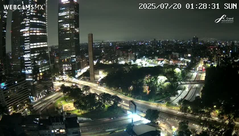 A nighttime aerial view of a city with tall buildings and illuminated roads and parks, under a mostly clear sky.