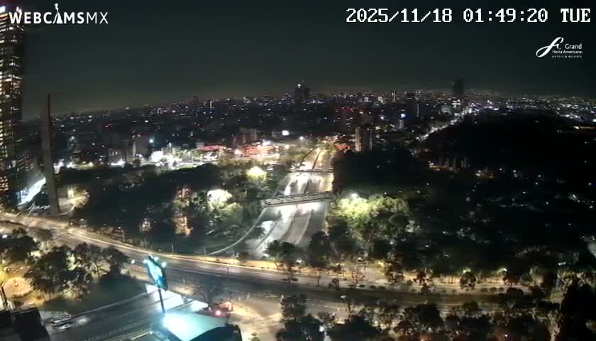 A nighttime aerial view of a city showing illuminated skyscrapers, roadways with moving vehicles, and a park, under a dark, clear sky.