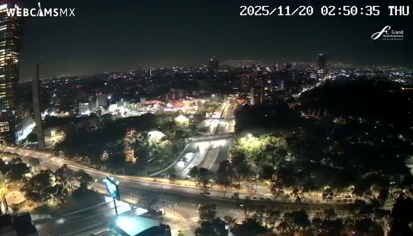 A high-angle nighttime view shows a vast, brightly illuminated city with extensive road networks, numerous buildings, and green areas, all under a clear night sky.