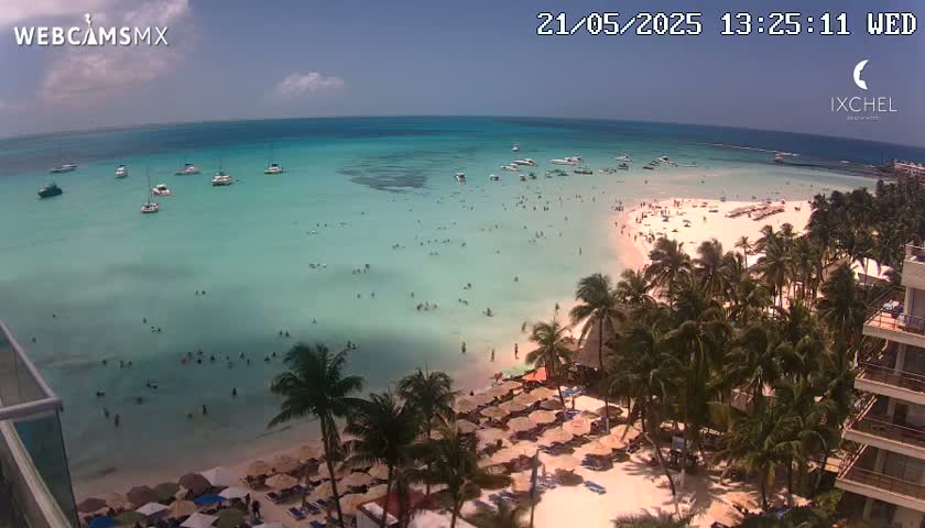A beach scene shows calm, clear turquoise water with many people swimming, boats in the distance, a sandy shore lined with palm trees and beach umbrellas, and a building in the lower right corner under a mostly sunny sky.