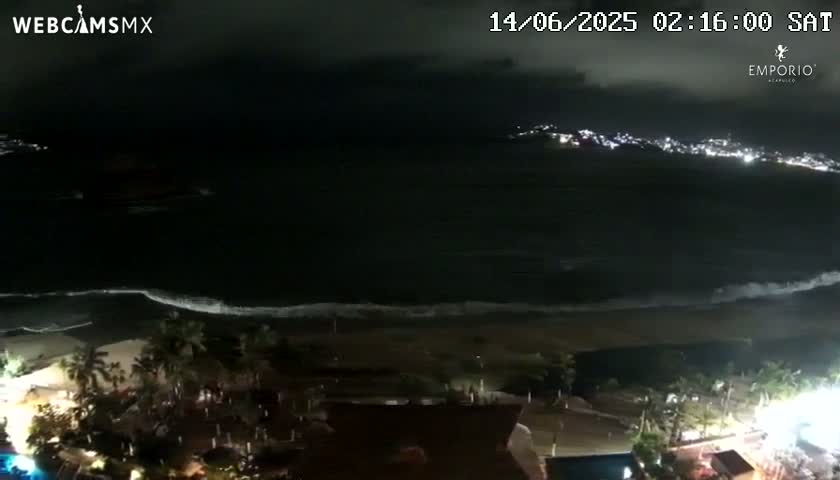 A nighttime view of a dark ocean with gentle waves lapping a beach, beyond which are lights from a distant town under a mostly cloudy sky.