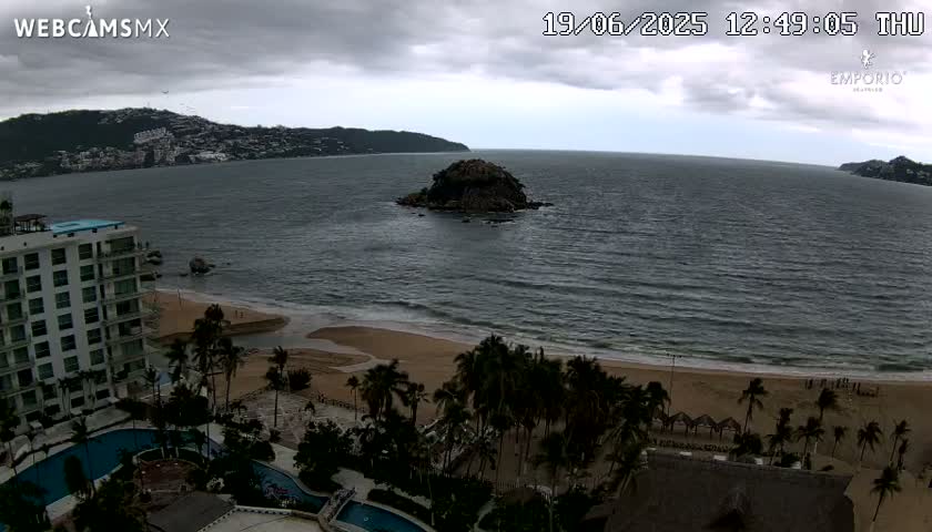 An overcast day shows a sandy beach lined with palm trees, a resort with pools, and a small island in the ocean under a cloudy sky.
