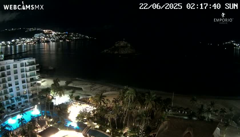 A nighttime, seaside view of a resort with palm trees, pools, and a beach, overlooking a dark body of water and a city illuminated with lights in the distance.