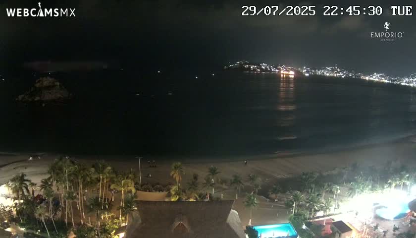 A nighttime view of a dark ocean with a distant city's lights visible across the water, a beach in the foreground, and palm trees and buildings illuminated.