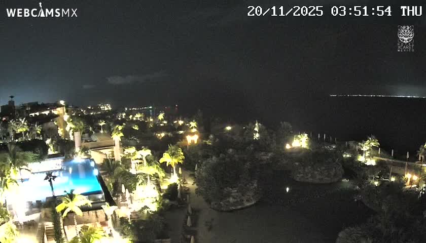 A nighttime panoramic view reveals an illuminated tropical resort featuring a bright blue swimming pool and numerous palm trees on the left, bordering a dark body of water with a distant line of lights, all under a dark night sky.