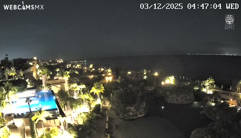 The image depicts a tropical resort illuminated at night with a bright blue pool, numerous palm trees, and various lagoons, all set against a dark ocean and a clear night sky.