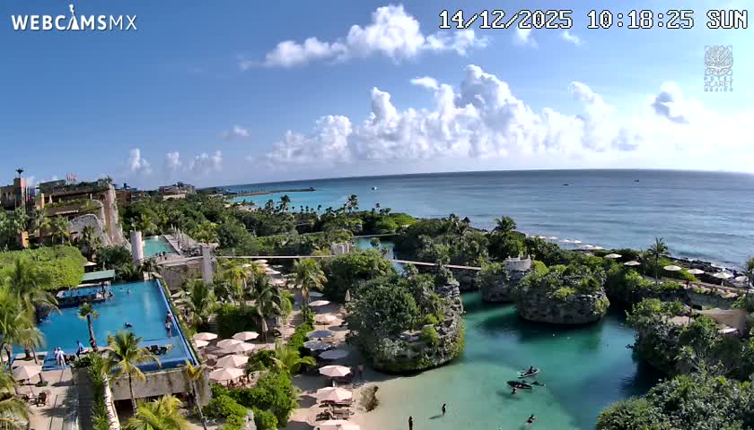 The image depicts a tropical resort illuminated at night with a bright blue pool, numerous palm trees, and various lagoons, all set against a dark ocean and a clear night sky.