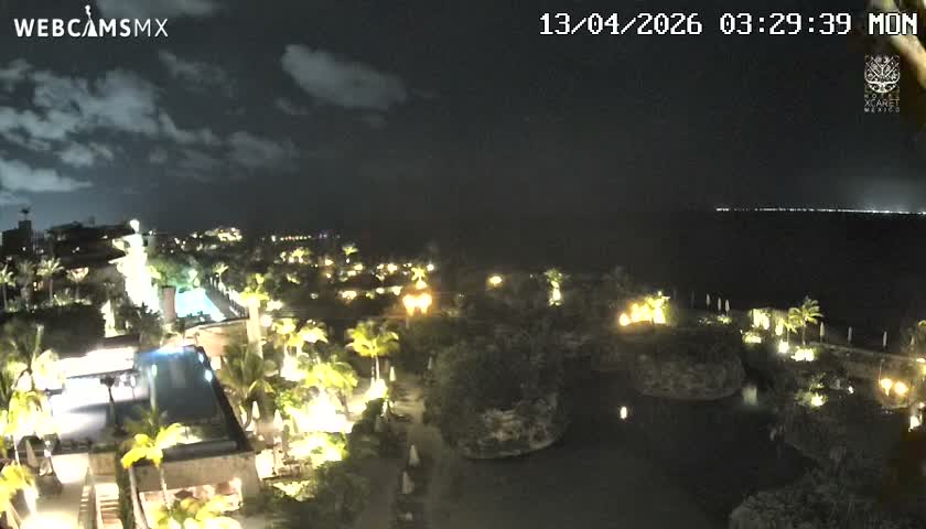 The image depicts a tropical resort illuminated at night with a bright blue pool, numerous palm trees, and various lagoons, all set against a dark ocean and a clear night sky.