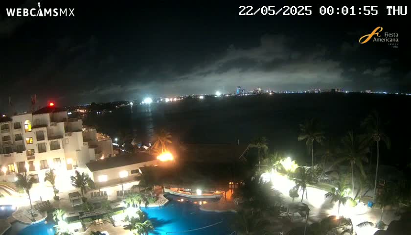 A nighttime view of a resort with lit buildings, palm trees, and swimming pools overlooking a dark body of water with a city skyline in the distance under a cloudy sky.
